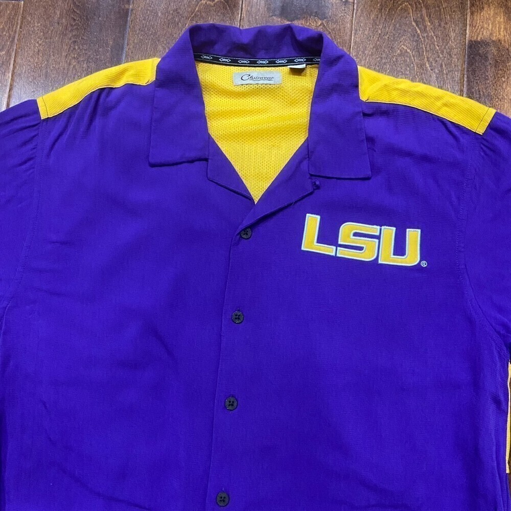 Chiliwear Vintage LSU Tigers Purple Yellow Rayon Button Down Shirt Large - Picture 2 of 7